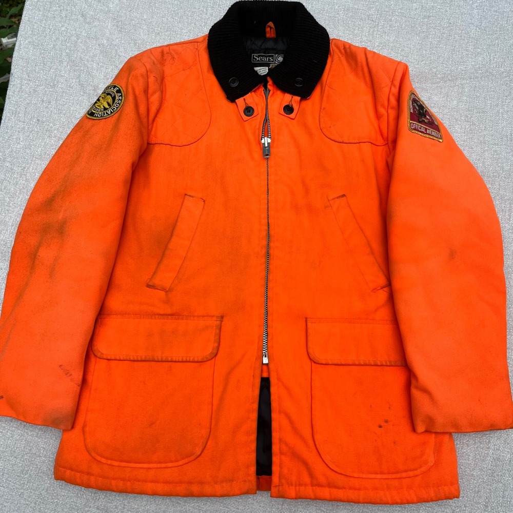 Vintage Sears Blaze Orange Hunting Jacket NRA Patches Canvas Field Coat Mens 42